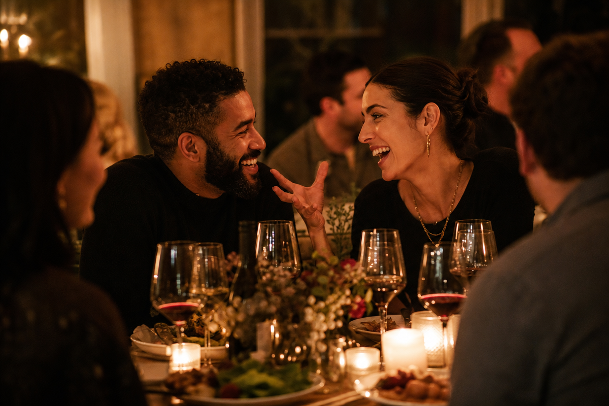 Two guests from different friend groups laughing and leaning into an animated conversation across a candlelit dinner table.
