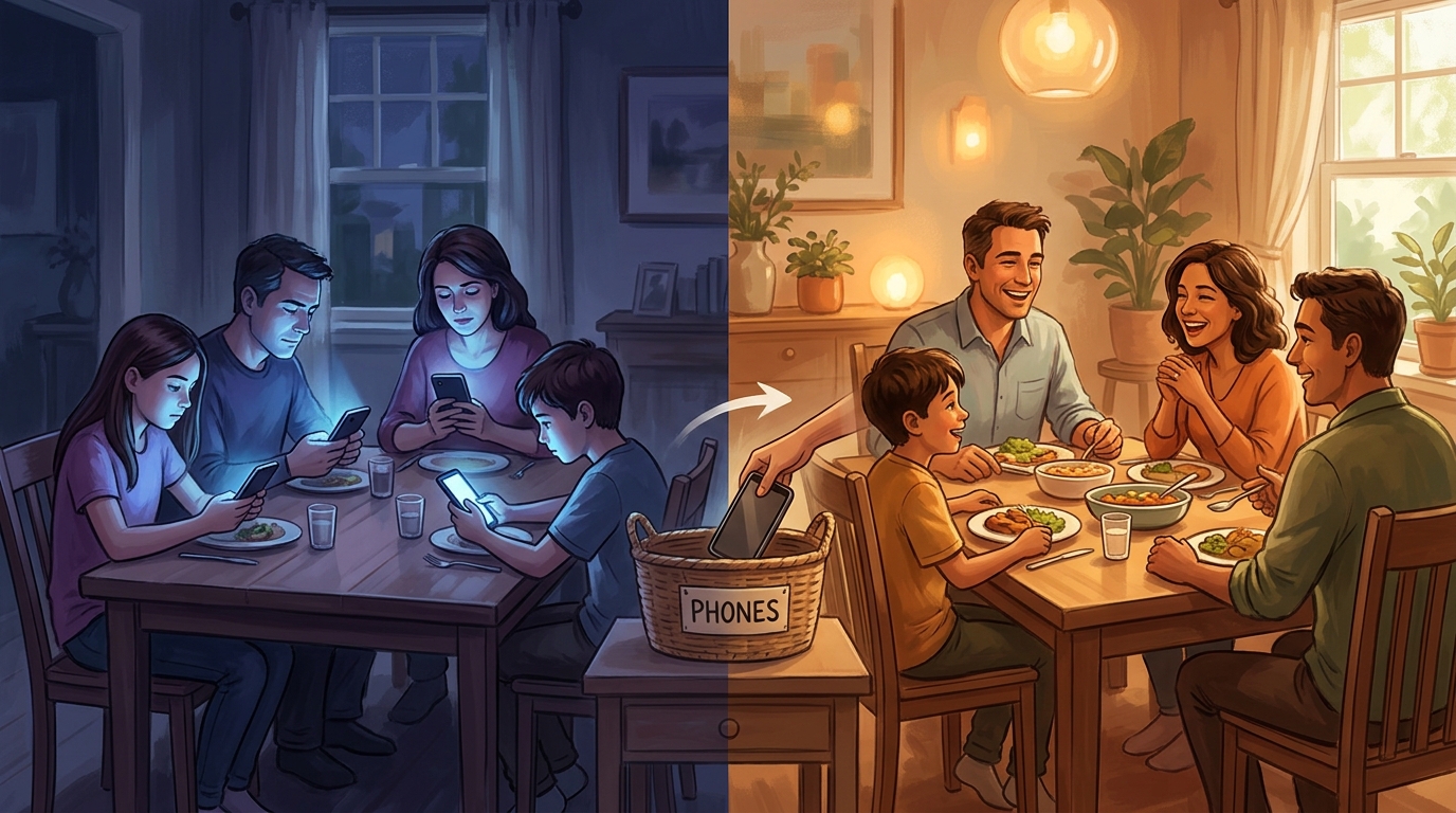 Split-screen illustration contrasting disconnected dining with devices on the left against connected, device-free family dinner on the right
