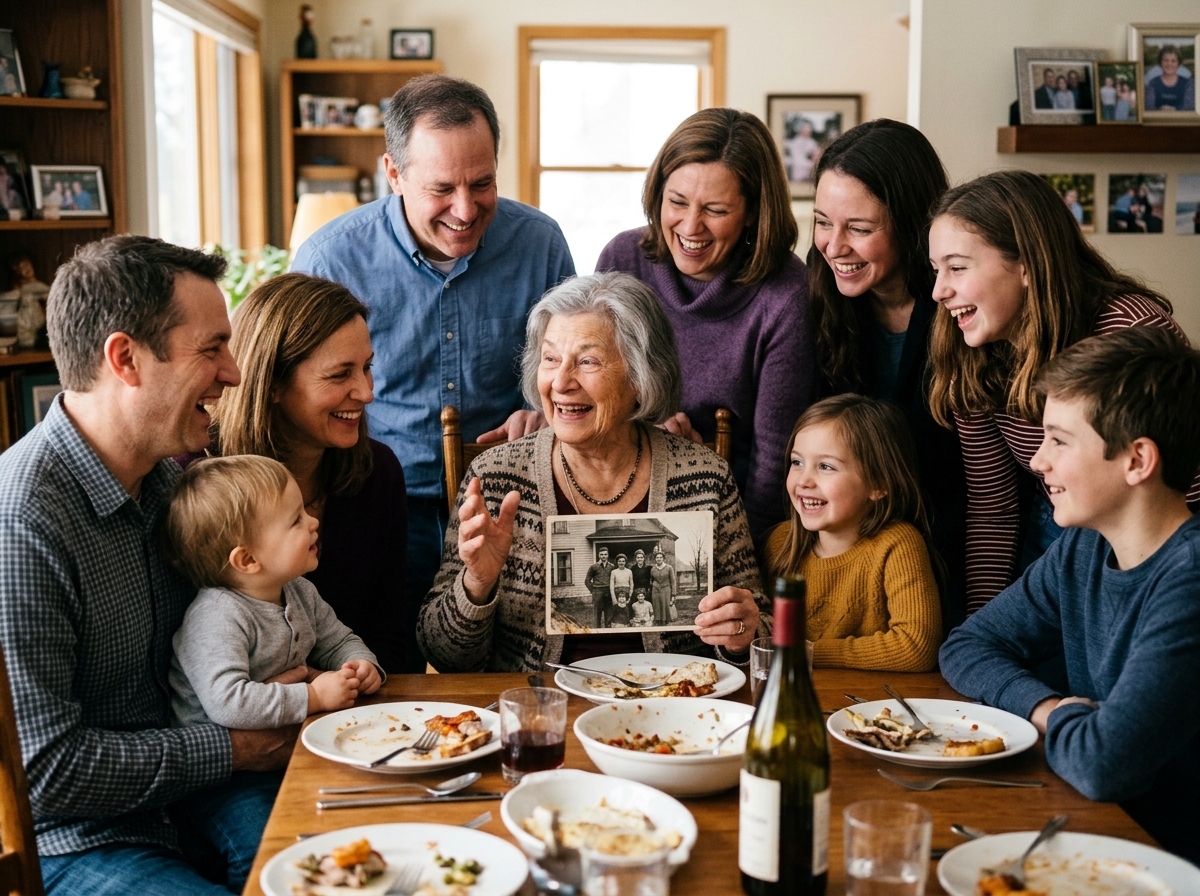 Heartwarming multigenerational family gathering with elderly grandparent sharing stories while adult children and grandchildren listen with genuine interest