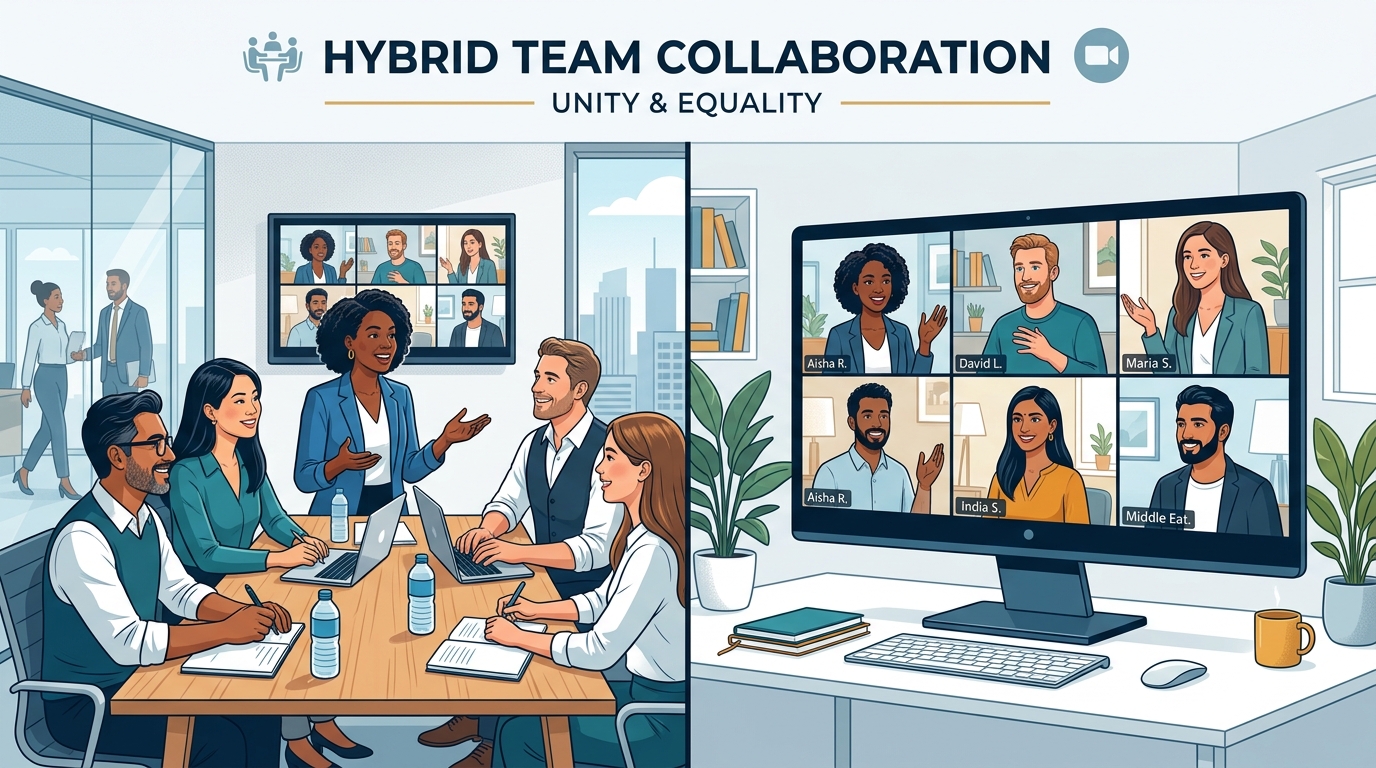 Professional split-screen illustration of inclusive hybrid team collaboration - diverse professionals in a modern office on the left and remote team members on a video call screen on the right, both sides equally prominent, engaged, and lit, emphasizing equality across physical and virtual workspaces.