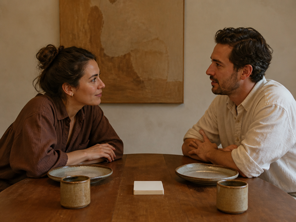 Two people seated across a dinner table with a small stack of conversation prompt cards between them, both leaning in attentively.