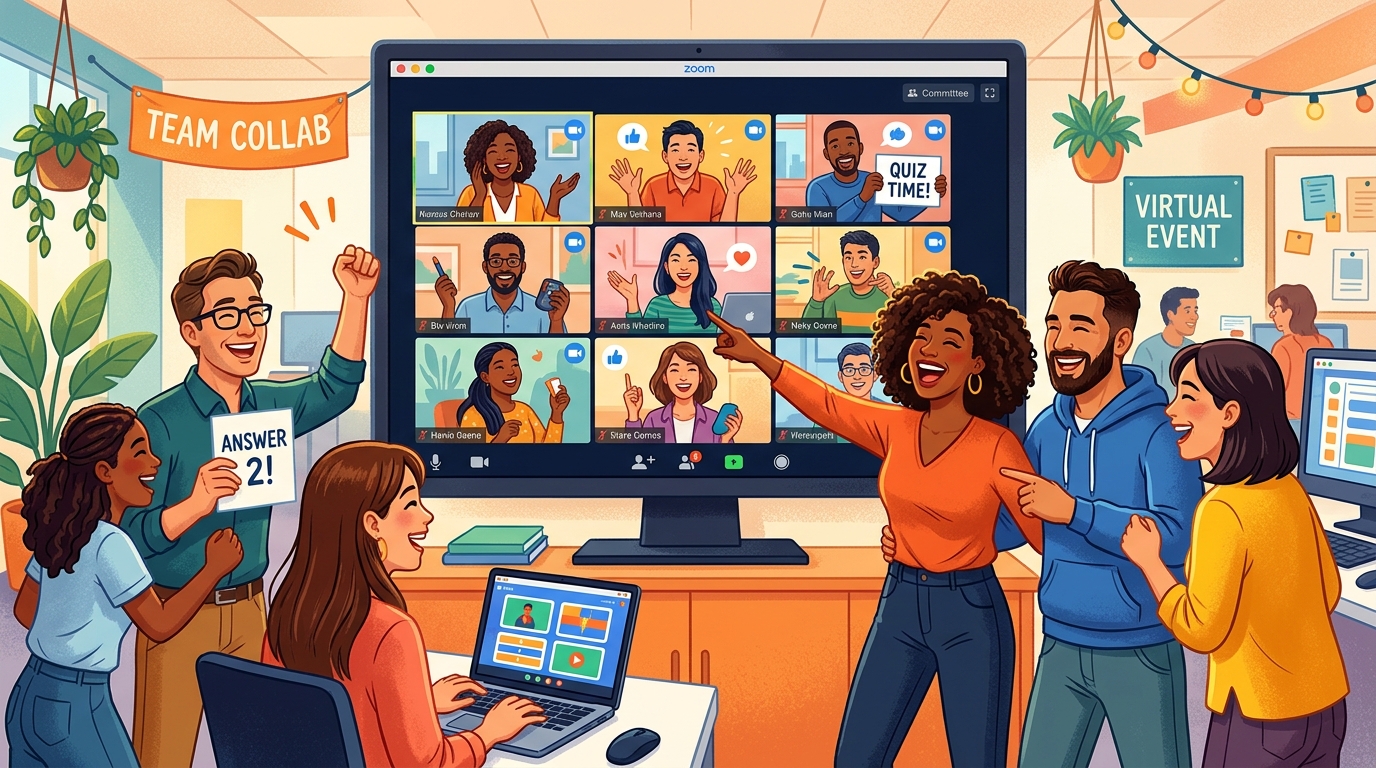 Hybrid team engaged in virtual team building activities - in-office employees gather around a large monitor showing multiple video call participants in a grid layout, all smiling and collaborating together in a bright, energetic workplace setting.