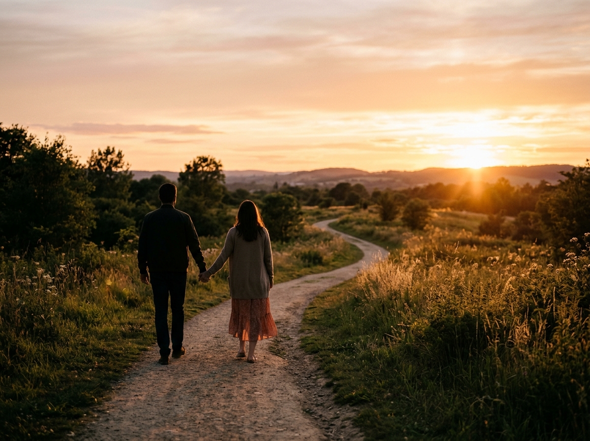 A couple walking hand-in-hand along a peaceful path at golden hour, silhouetted against a warm sunset sky, symbolizing their shared journey forward
