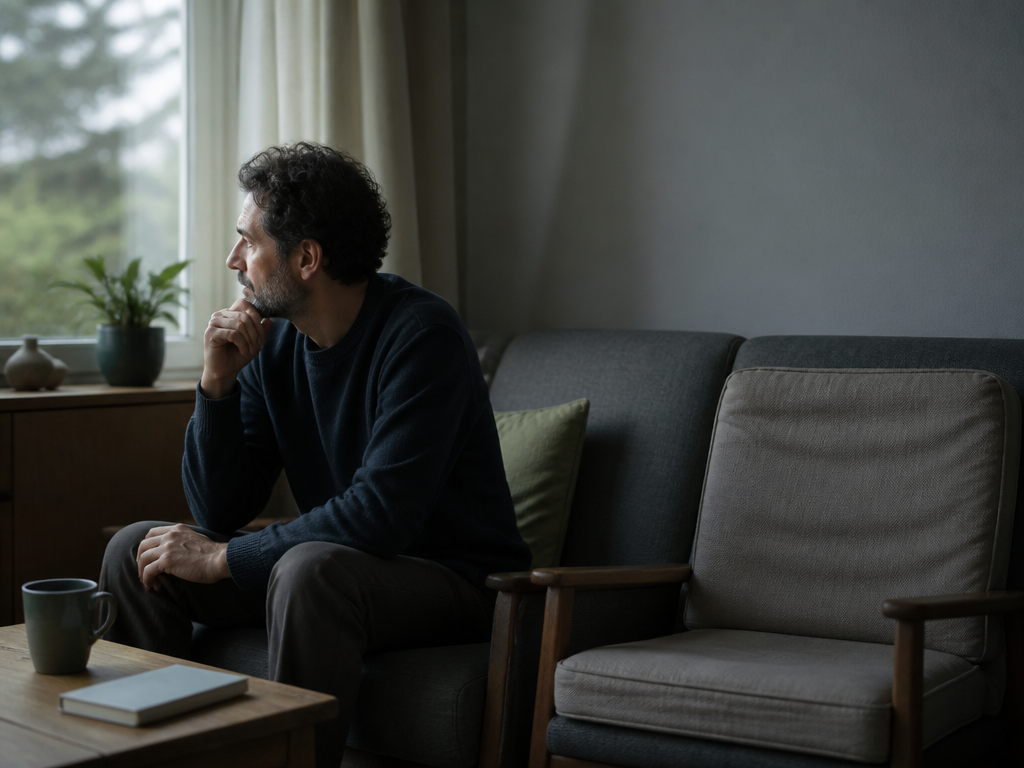 A person sitting alone on a living room sofa near a window, looking thoughtful in soft afternoon light, an empty chair beside them.