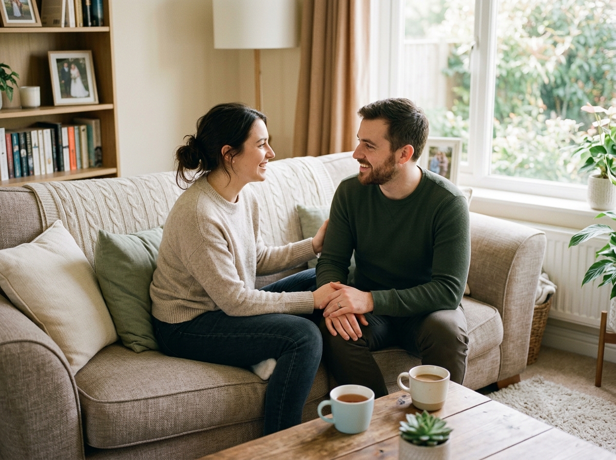 A newlywed couple sitting together on a comfortable couch in a cozy living room, engaged in meaningful conversation over coffee, creating a peaceful atmosphere of intentional communication