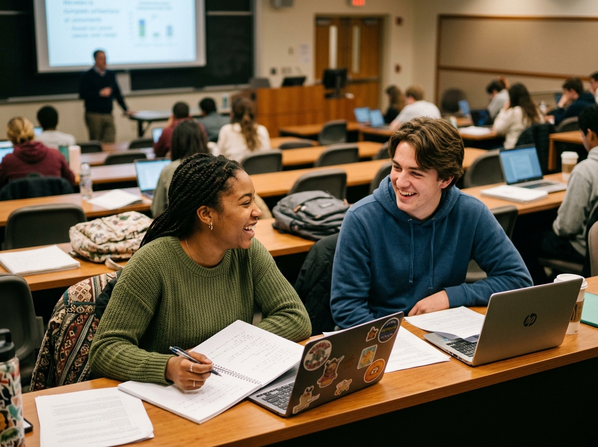 A college student in a lecture hall turning to smile and talk with a classmate, capturing the natural moment of conversation and friendship forming in an academic classroom setting.