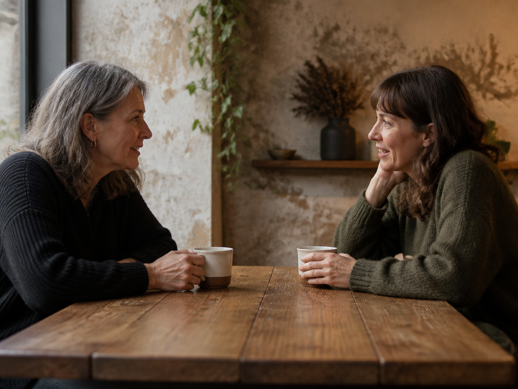 Two friends leaning toward each other across a wooden cafe table with coffee cups, visibly engaged and listening intently during a deeper exchange.