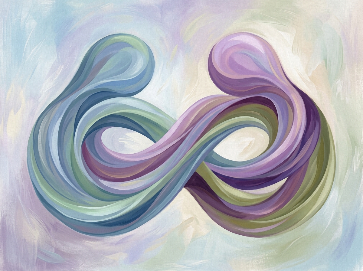 An abstract artistic composition featuring two interwoven organic forms in soft soothing colors—gentle blues, warm purples, and soft greens. Symbolizes consistent emotional support, deep friendship connection, and being present through life's difficult transitions.