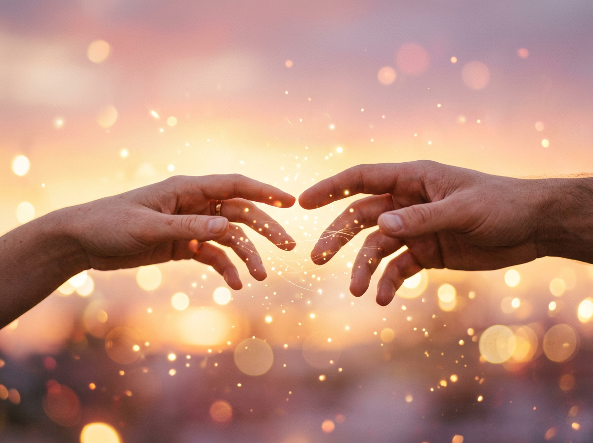 Two hands reaching toward each other against a soft sunset gradient background with floating light particles symbolizing trust, vulnerability and emotional connection through conversation