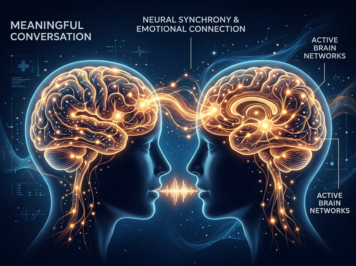 Abstract neuroscience visualization showing glowing neural pathways and synapses in golden amber tones against a deep blue background, representing brain activity during meaningful conversations