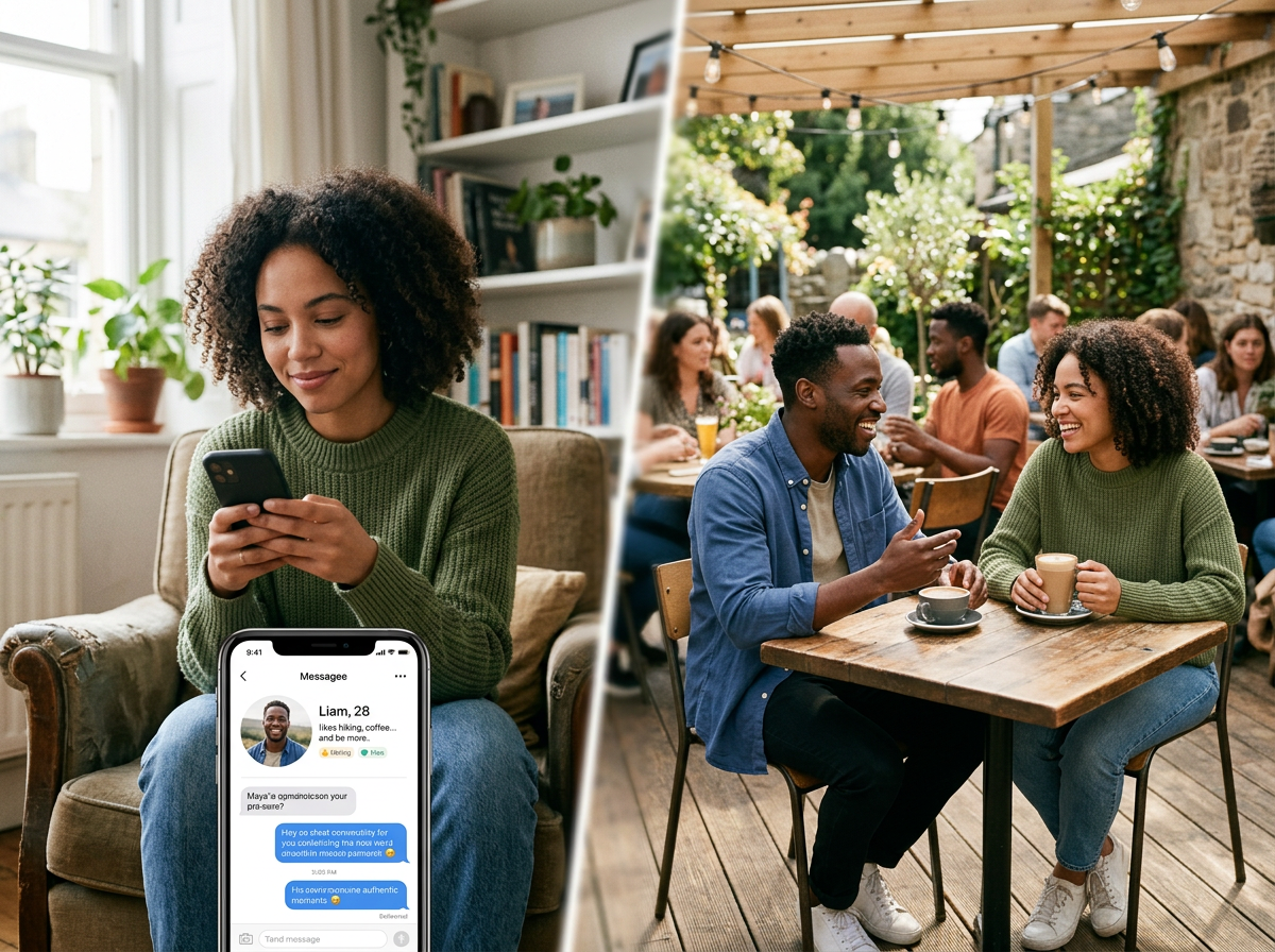 Visual narrative showing the transition from dating app messaging to genuine in-person conversation at an outdoor cafe