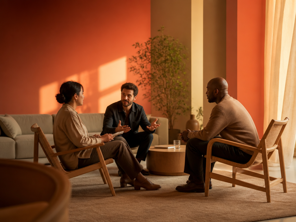 Friends leaning in across a dinner table engaged in deep, meaningful conversation with food and drinks, body language showing connection and warmth