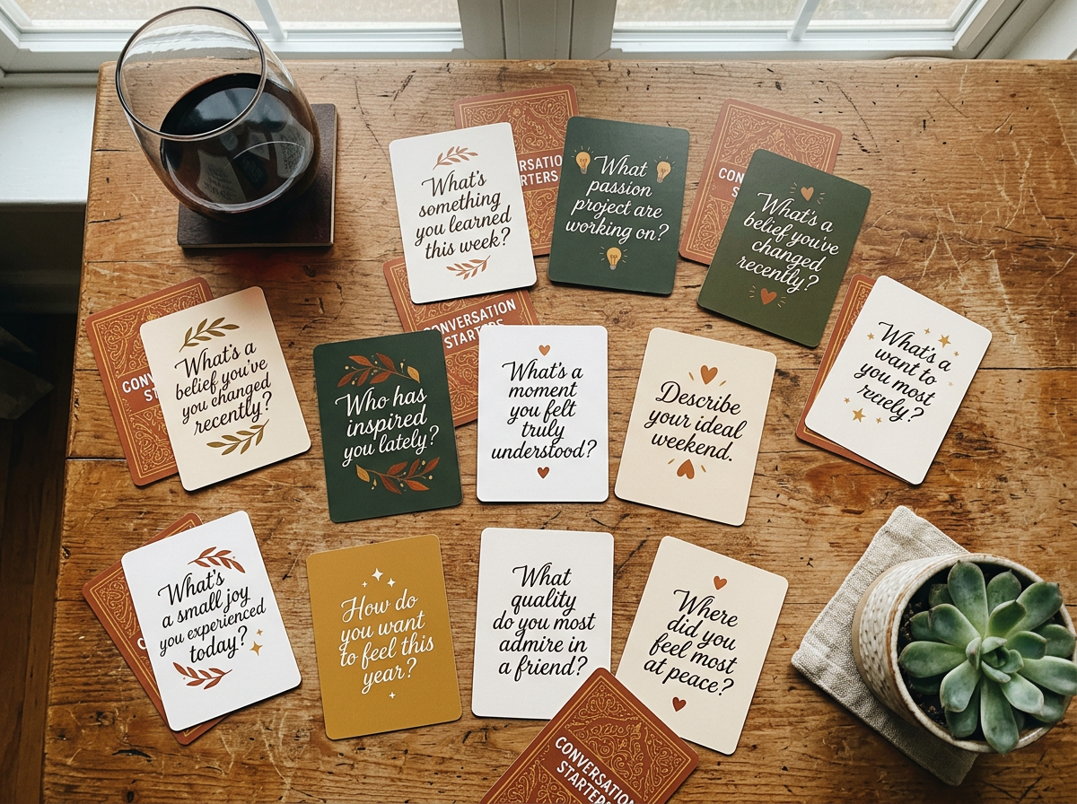 A flat lay of beautiful conversation starter cards spread on a wooden table, showing thoughtful questions about passions and learning. The cards feature elegant typography in warm earth tones, accompanied by a wine glass and small plant.