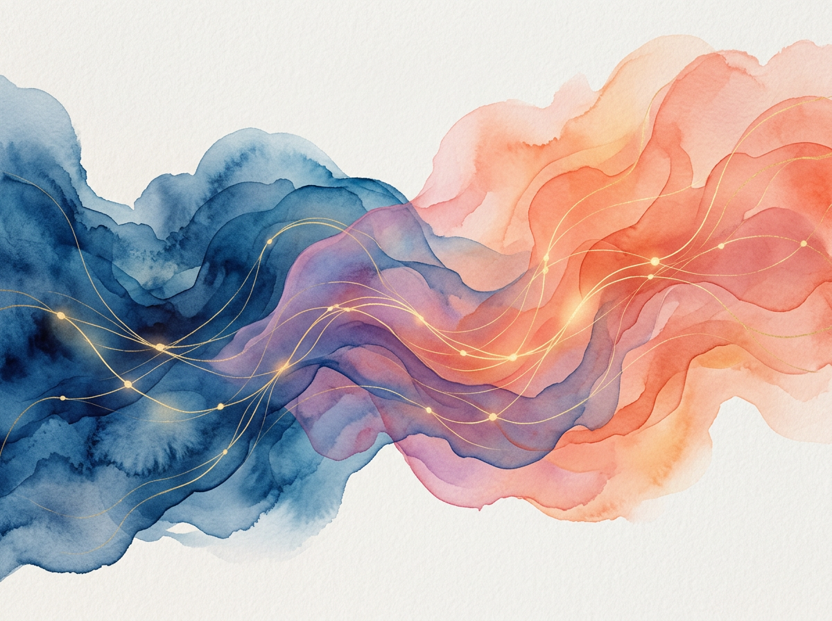 Abstract flowing shapes in deep blue and warm coral interweaving and merging with golden connection threads, representing the beautiful unity created through vulnerable conversation and emotional intimacy
