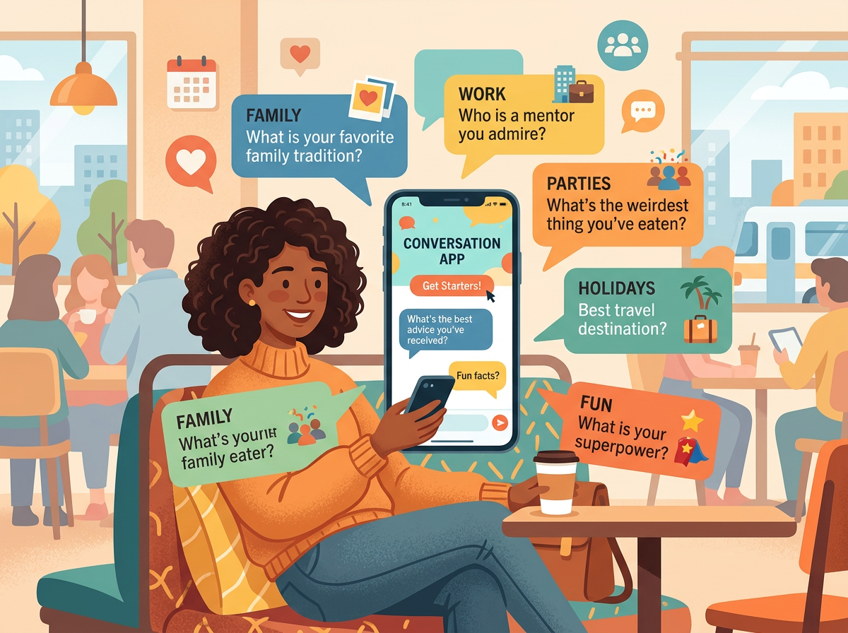 Illustration of a person holding a smartphone with floating speech bubbles containing colorful conversation cards, surrounded by social scenario icons showing the versatility of digital conversation starters