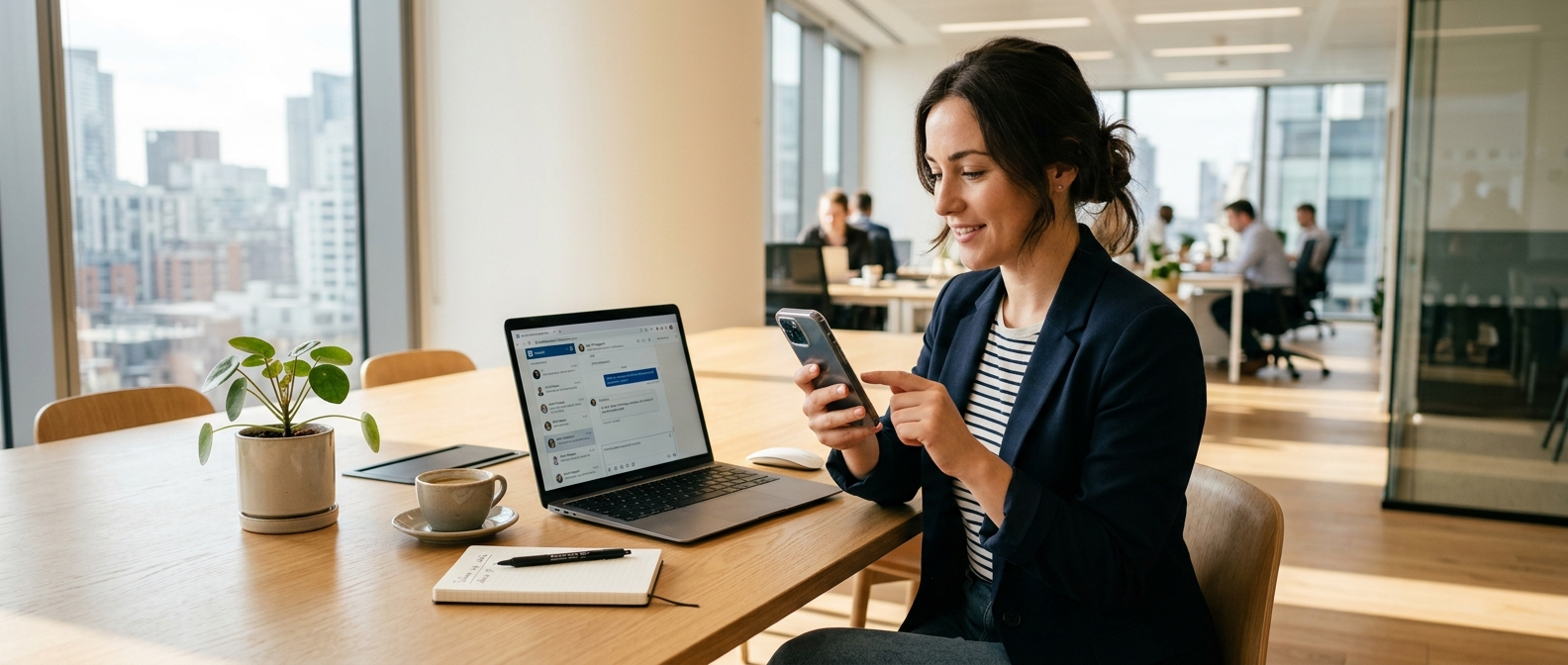 Professional at modern workspace following up on networking connections via smartphone and laptop, representing strategic relationship maintenance