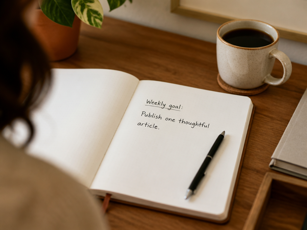An open notebook on a wooden desk with a handwritten weekly goal, a pen resting on the page, and a cup of coffee nearby.
