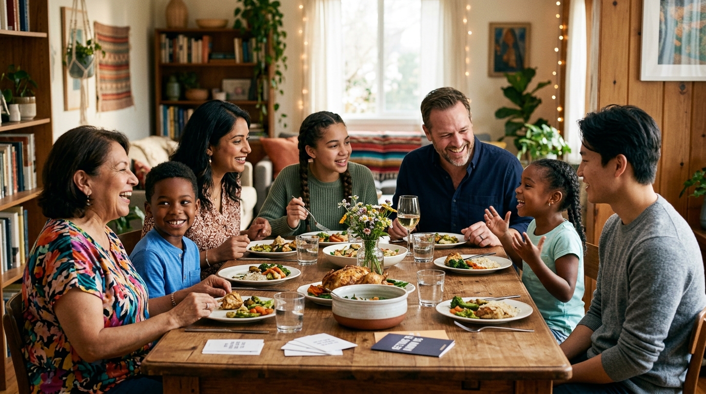 A diverse blended family gathers around a dining table, engaged in warm conversation. Parents and children of different ages and backgrounds sit together in a cozy, naturally lit room, creating a hopeful scene of connection and unity.