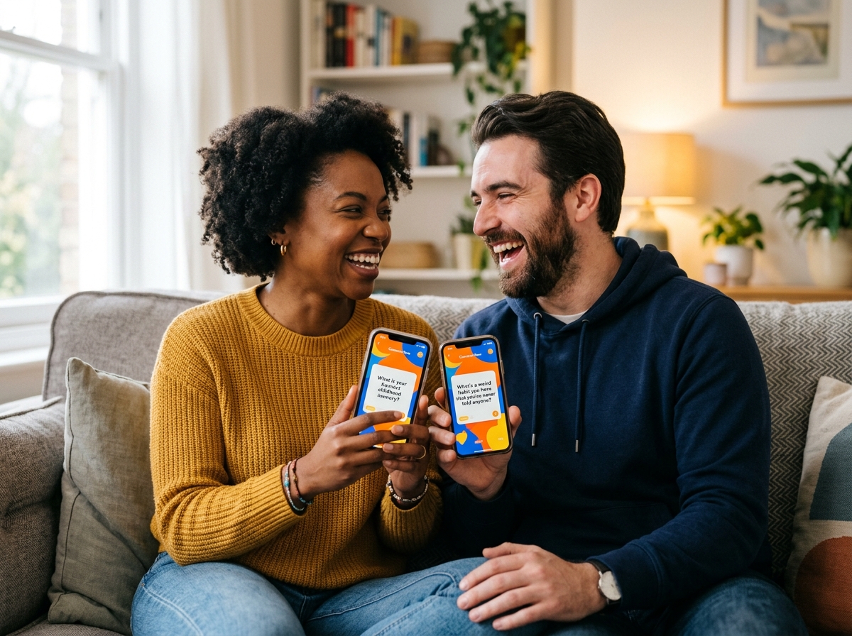 A diverse couple laughing together while using conversation starter apps on their phones, engaged in playful and meaningful dialogue