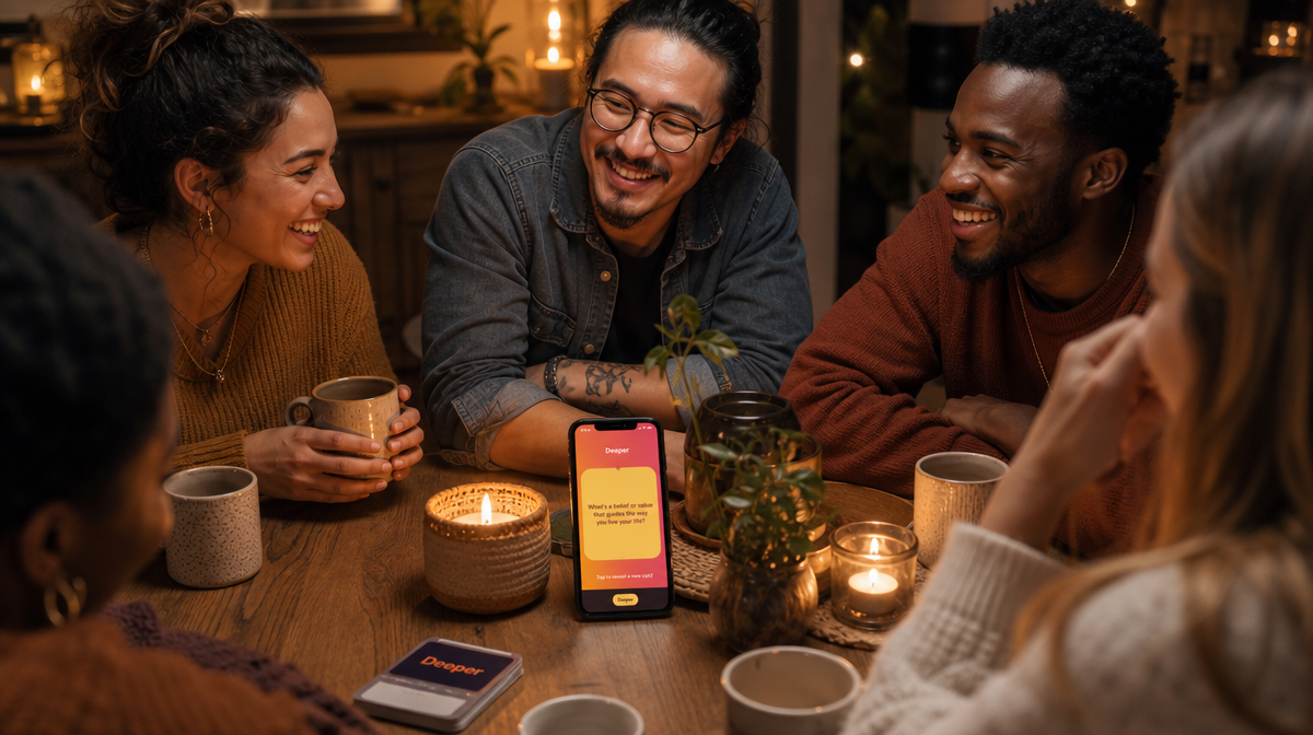 Overhead view of a diverse group of friends in lively conversation around a cozy table, with a smartphone displaying a conversation card app glowing softly among coffee cups and candlelight