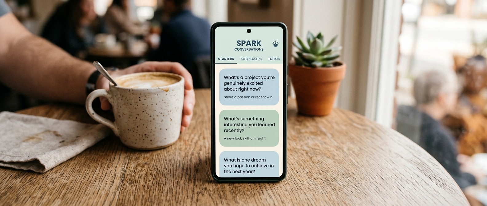 A modern digital interface on a tablet displaying conversation starter cards with engaging questions, resting on a wooden table with coffee, illustrating how digital conversation tools provide structure and preparation.