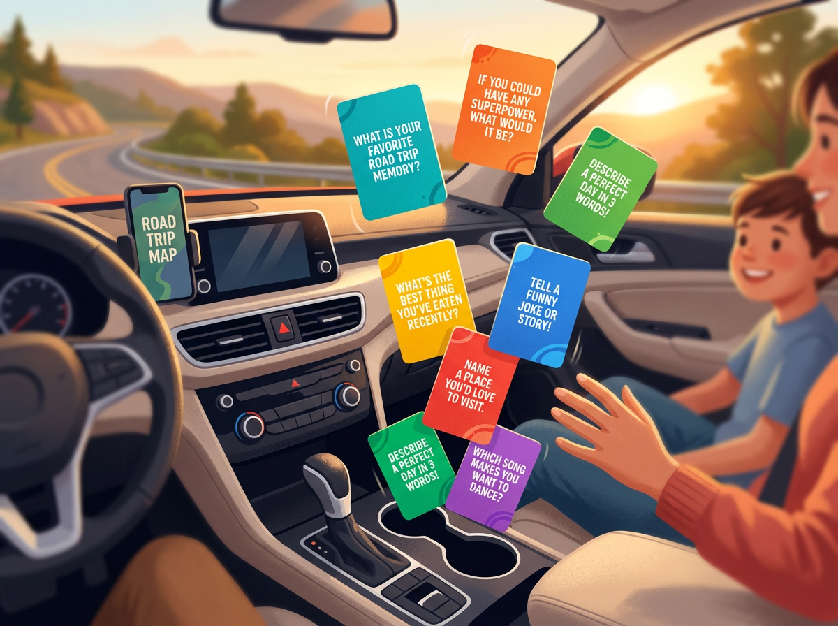 Colorful conversation prompt cards spread invitingly on a car's dashboard during golden hour, with engaging questions visible and a modern car interior blurred in the background