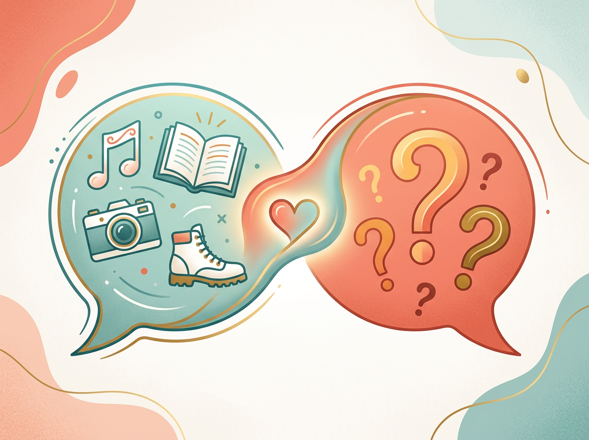 Artistic illustration of two speech bubbles merging, one containing hobby symbols like music notes and books, the other with thoughtful question marks in warm coral, teal, and gold