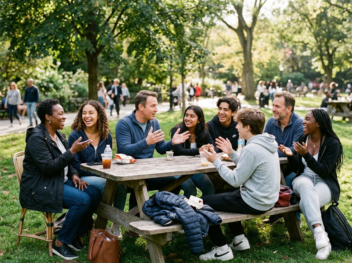 A diverse group of teenagers and parents engaged in animated outdoor conversation, actively listening and connecting without digital devices