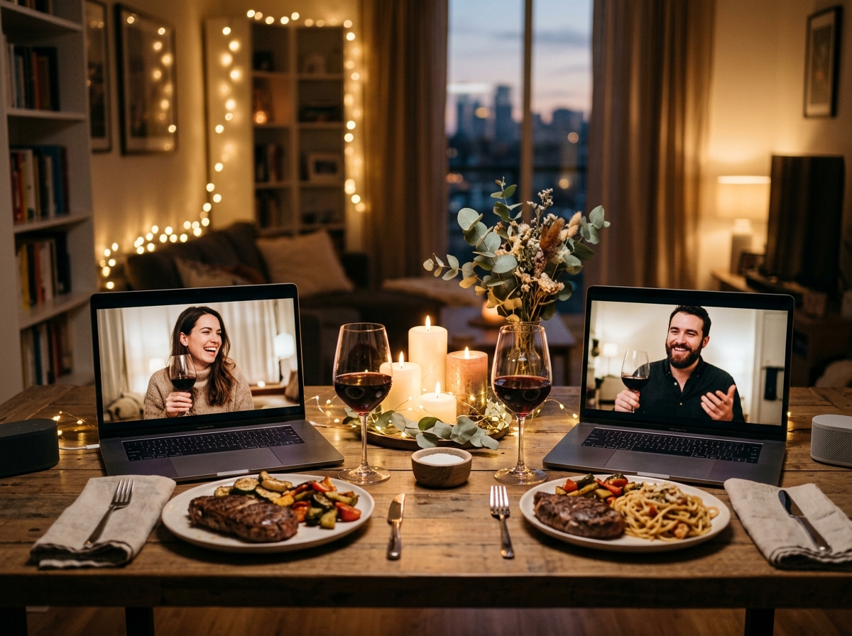 A romantic virtual date night setup with two laptops showing a couple sharing dinner together with wine, candles, and a beautifully plated meal