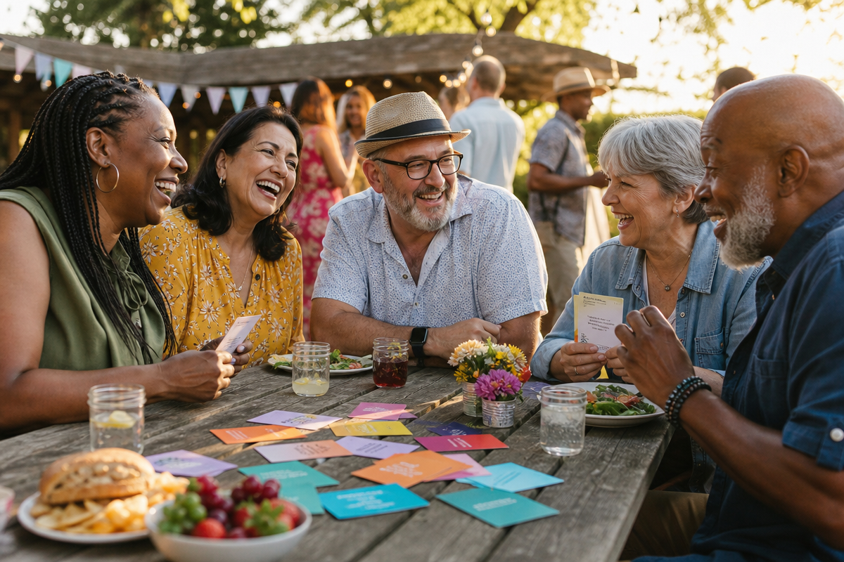 A diverse group of old friends laughing together at a sunny outdoor reunion picnic with colorful conversation starter cards on the table