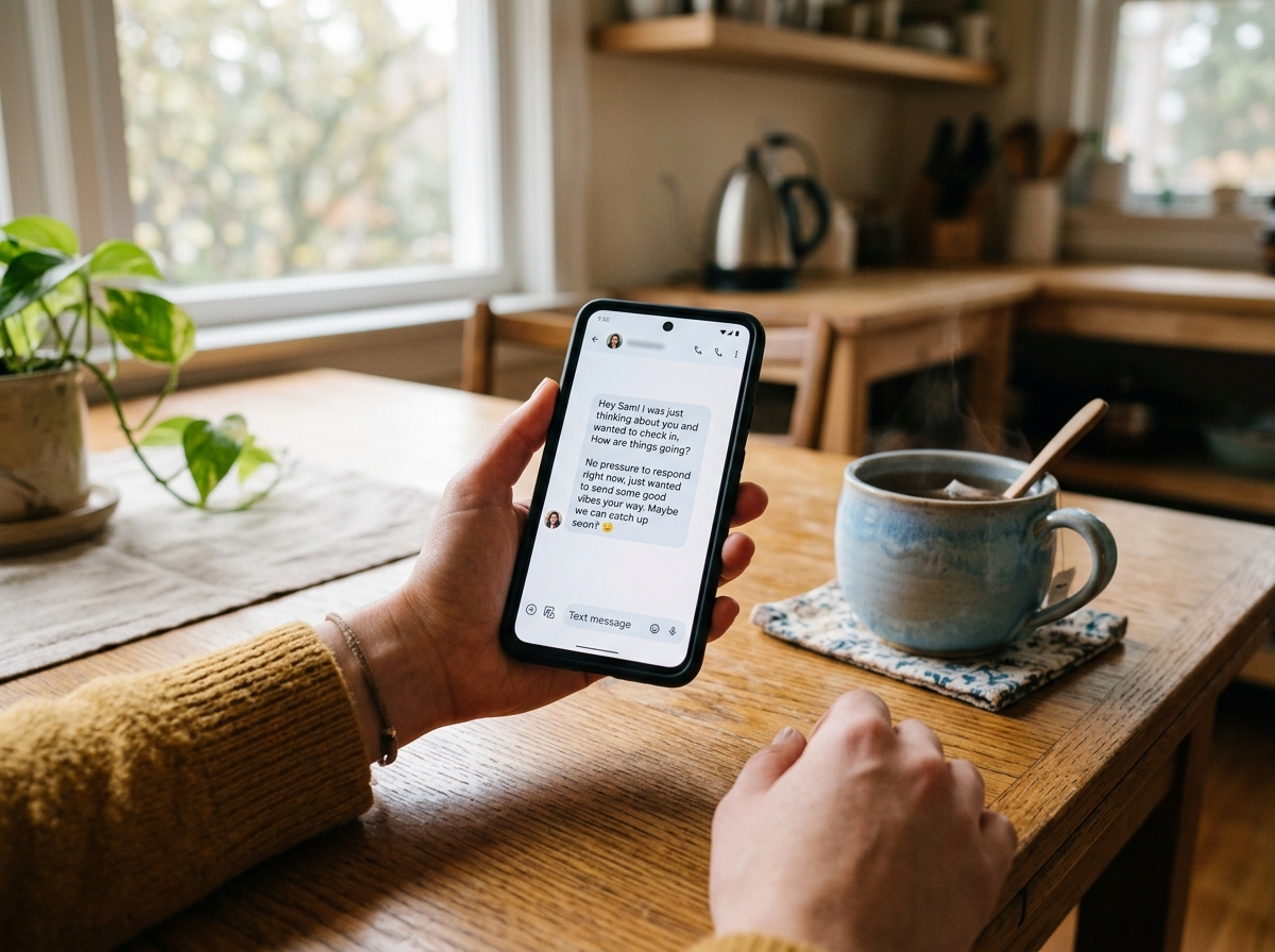 A person's hand holding a smartphone with a thoughtful text message displayed on screen, sitting beside a cup of tea on a peaceful kitchen table. Represents reaching out and using structured communication to check in on friends.