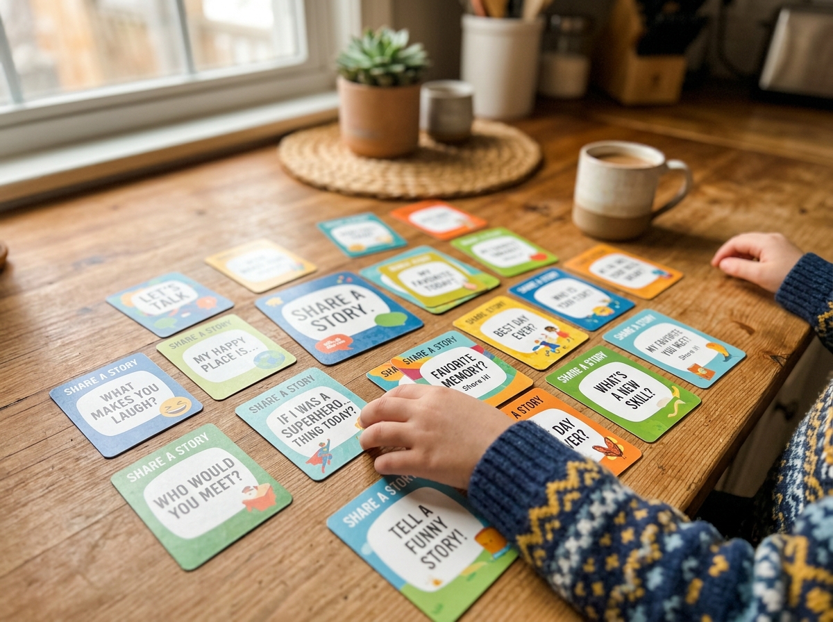 Colorful conversation cards spread on a kitchen table with a child's hand reaching for one, showing structured dialogue tools for building family communication skills