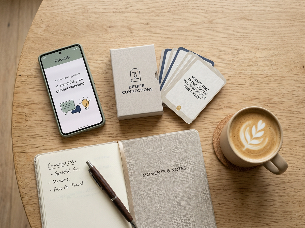 Flat lay arrangement with physical conversation cards deck, smartphone with app interface, notebook, pen, and coffee cup on a neutral surface