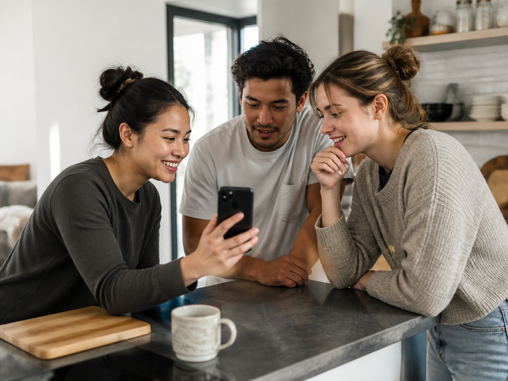One friend holding up a phone to show the group during a casual kitchen hangout while two others lean in with curious, amused expressions.
