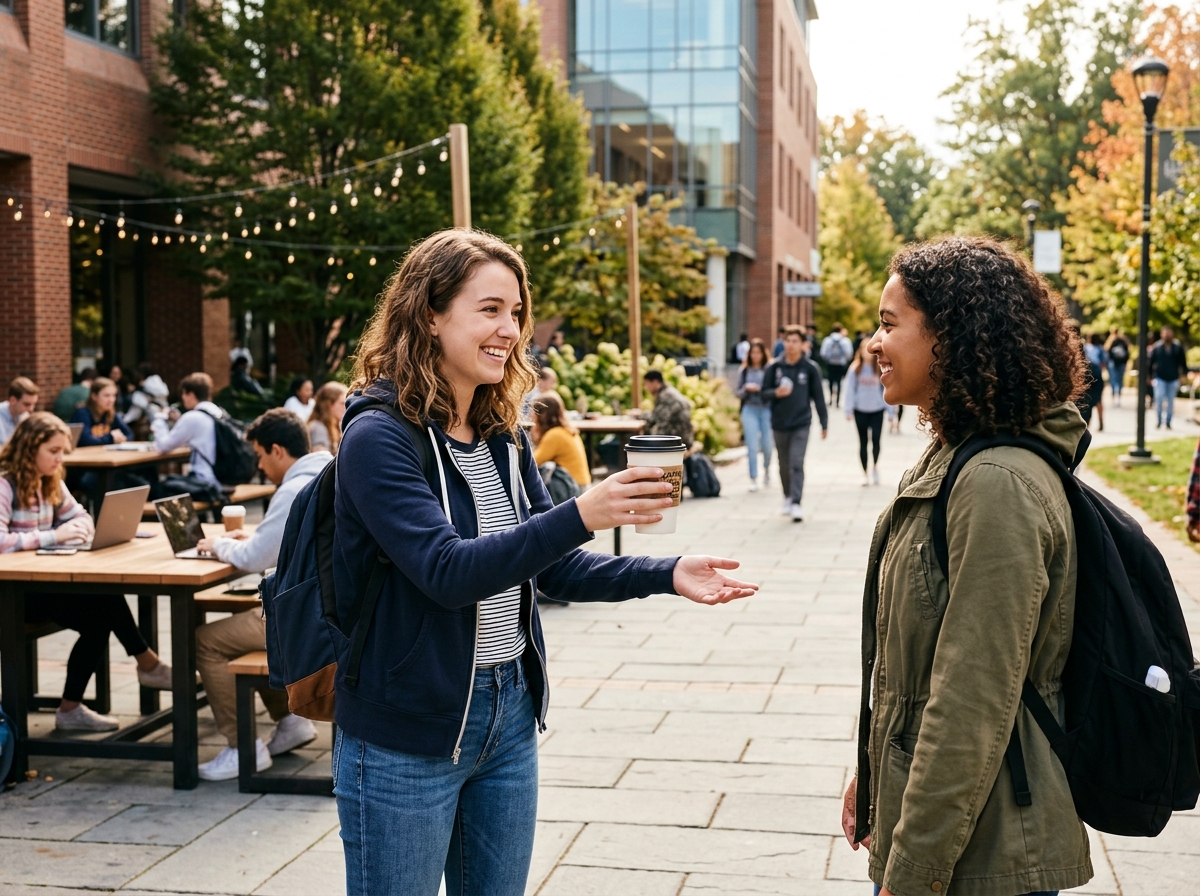 A college student extending a warm invitation gesture with a coffee cup, demonstrating approachable body language and the art of low-stakes social invitations on campus.