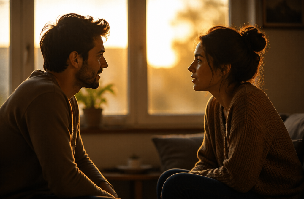 Two people shown in profile, engaged in deep conversation with warm golden lighting between them, symbolizing the intimate connection that meaningful dialogue creates in relationships