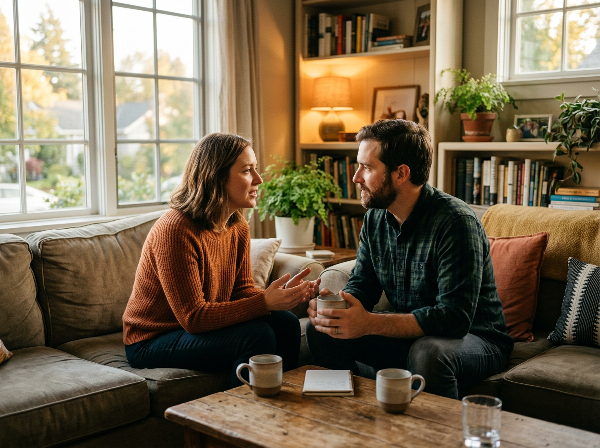 Two people engaged in warm, meaningful conversation in a cozy setting with soft natural lighting, illustrating the power of genuine human connection