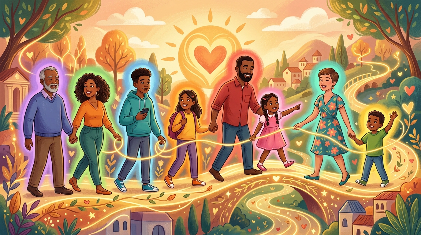 Stylized illustration showing diverse family members connected by golden glowing threads, symbolizing the building of relationships and trust in a blended family. Each figure maintains their individuality while being woven together in unity.