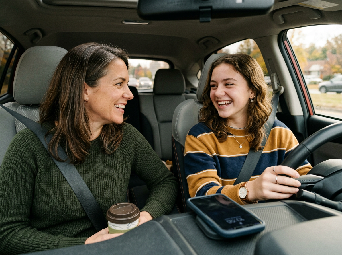 A teenager and parent having a genuine conversation in the car, with the teen smiling and making eye contact while a smartphone rests unused on the dashboard