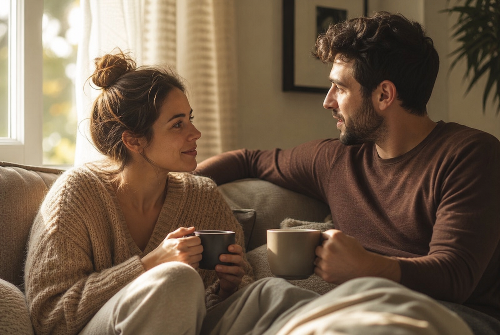 A couple sitting close together on a cozy couch in soft morning light, engaged in a heartfelt conversation over coffee, turned toward each other with warm attentive body language
