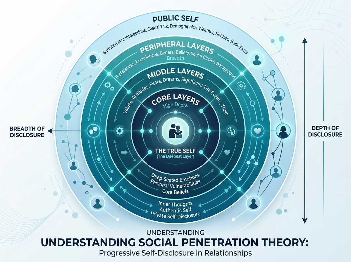 Conceptual visualization of social penetration theory showing layered circles representing progressive self-disclosure, with connected nodes in blues and teals illustrating how relationships deepen through conversation