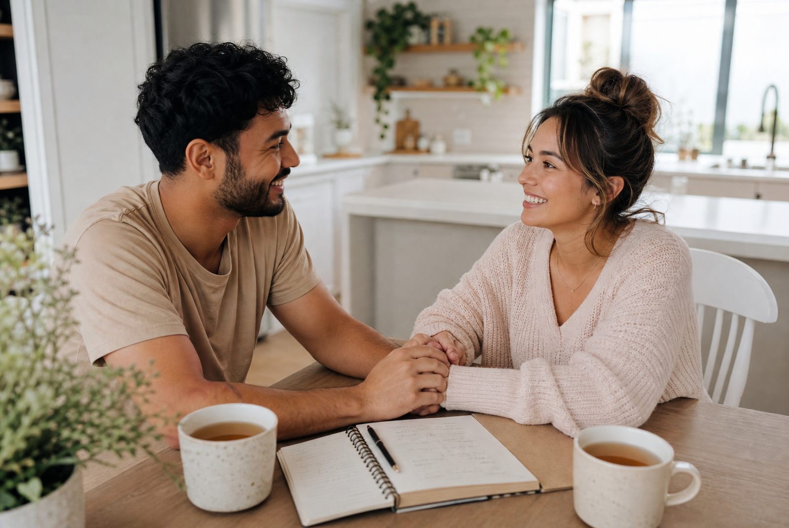 A couple at a bright kitchen table doing a morning check-in ritual, smiling and holding hands across the table with notebooks and tea mugs in warm natural light
