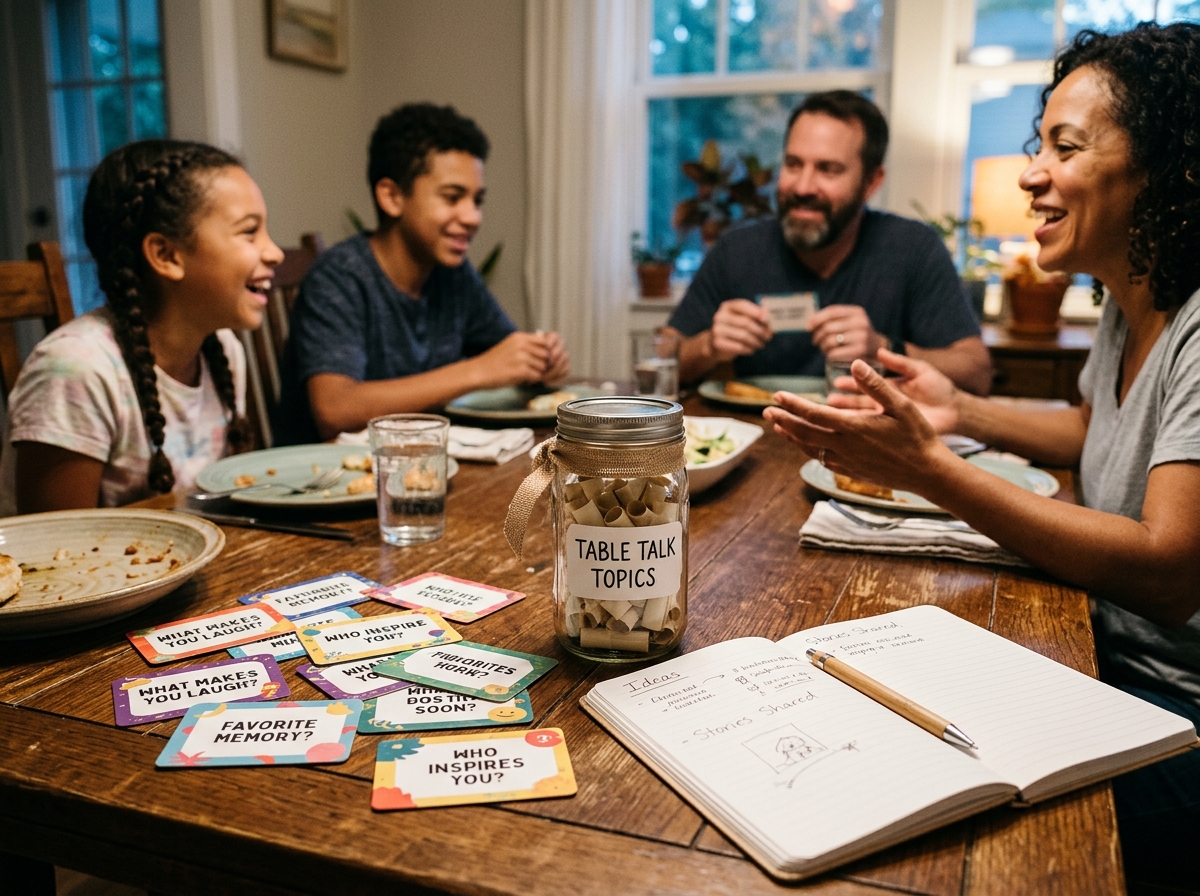 Close-up of conversation starter cards, a mason jar with discussion prompts, and a notebook on a wooden table with family members enjoying dialogue in the background