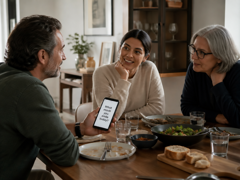 A person holding a smartphone displaying a single question prompt while seated at a dinner table with friends and family mid-conversation