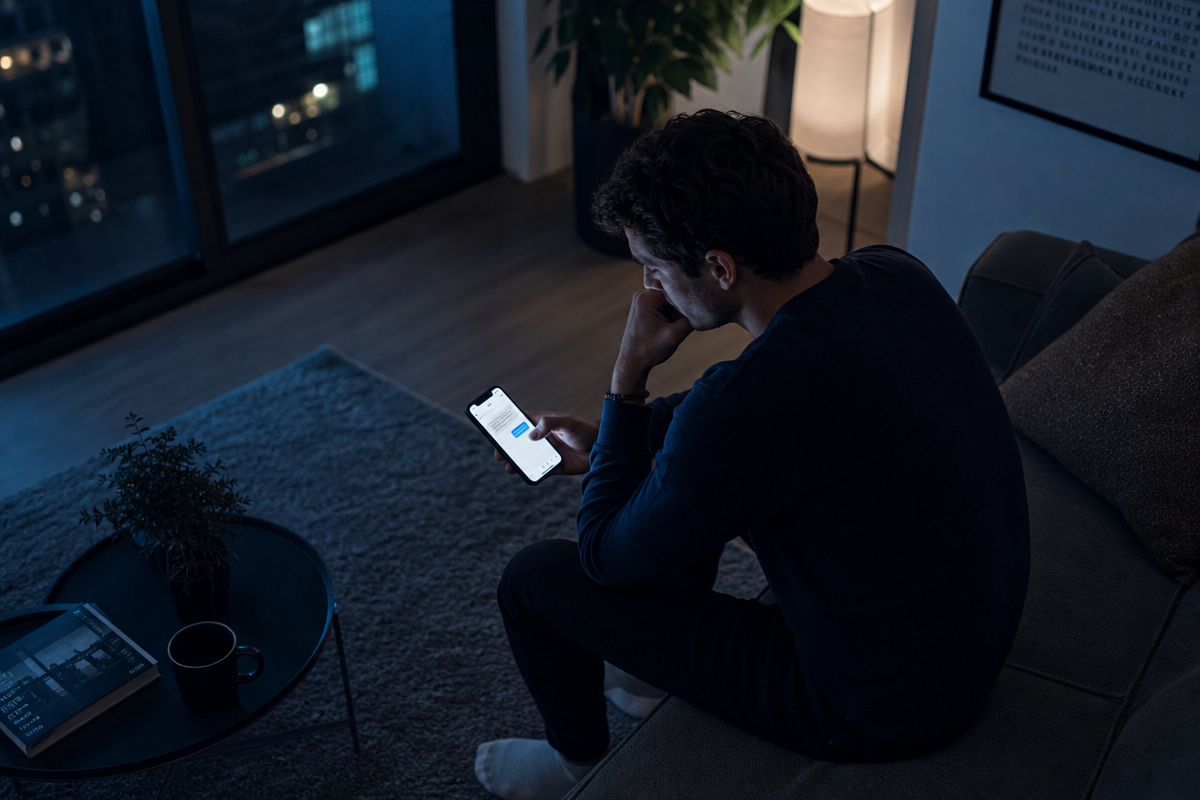A person sitting alone in a dimly lit modern apartment, looking hesitant while holding a smartphone with the screen glowing, contemplating whether to send a message to an old friend