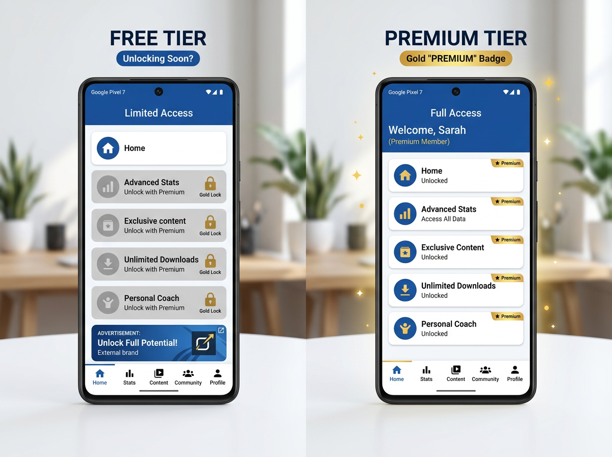 Split-screen comparison of free vs premium mobile app interface showing locked features and ads on left, unlocked premium features on right
