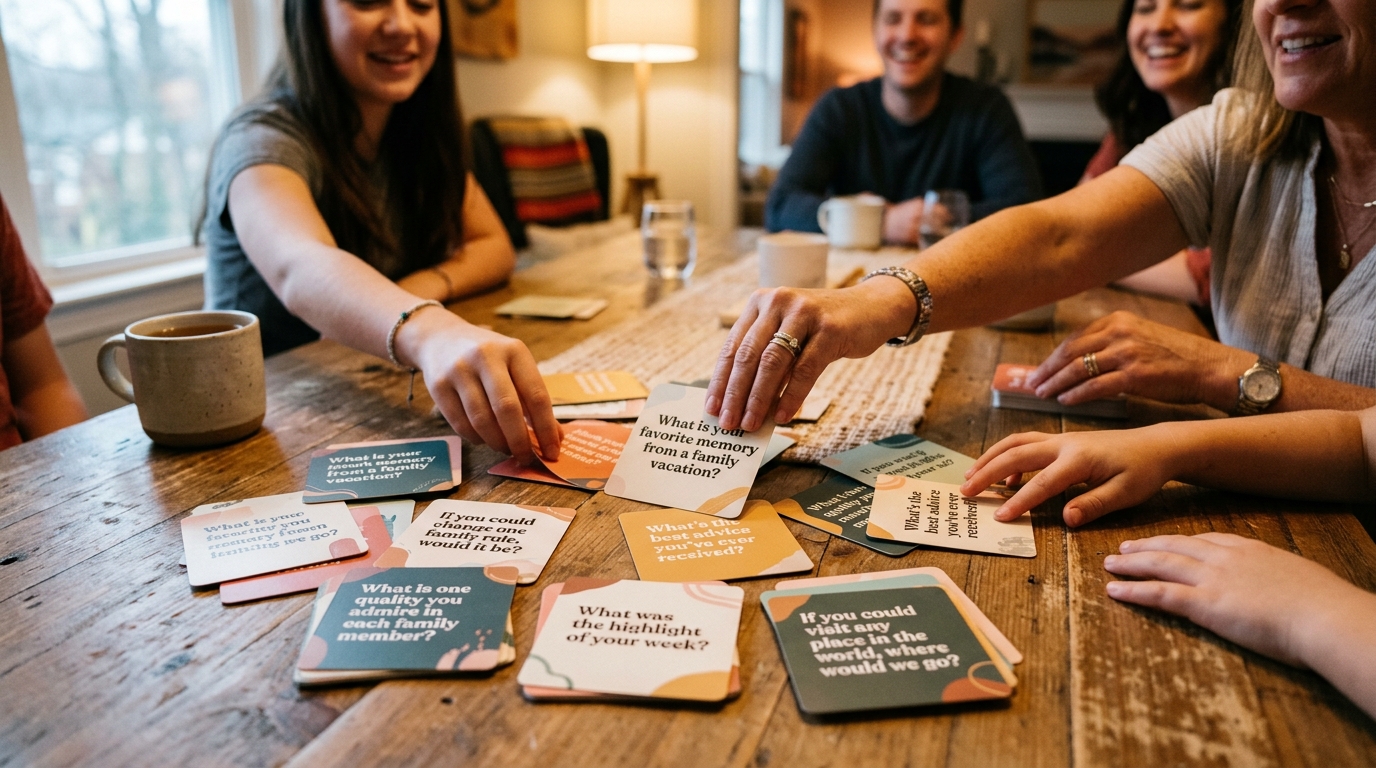 Close-up view of conversation starter cards spread across a table with multiple family members' hands reaching toward them. The cards feature thoughtful questions designed to facilitate family dialogue, with warm, inviting lighting.