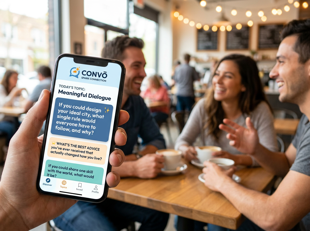 A smartphone displaying a conversation starter app interface with engaging prompts, symbolizing how digital technology can bridge the gap to meaningful human relationships