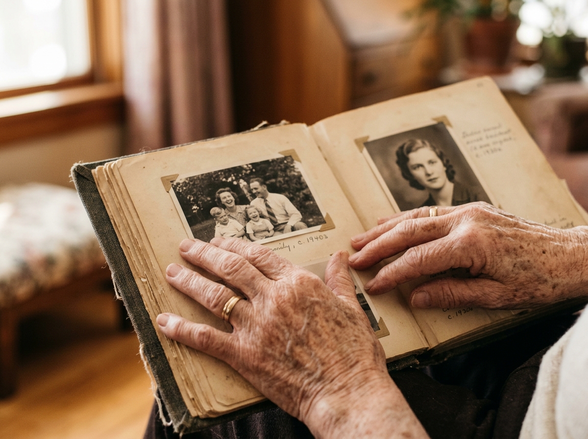 Close-up of weathered, gentle hands holding open a vintage photograph album with black and white family photos, capturing a moment of reminiscence