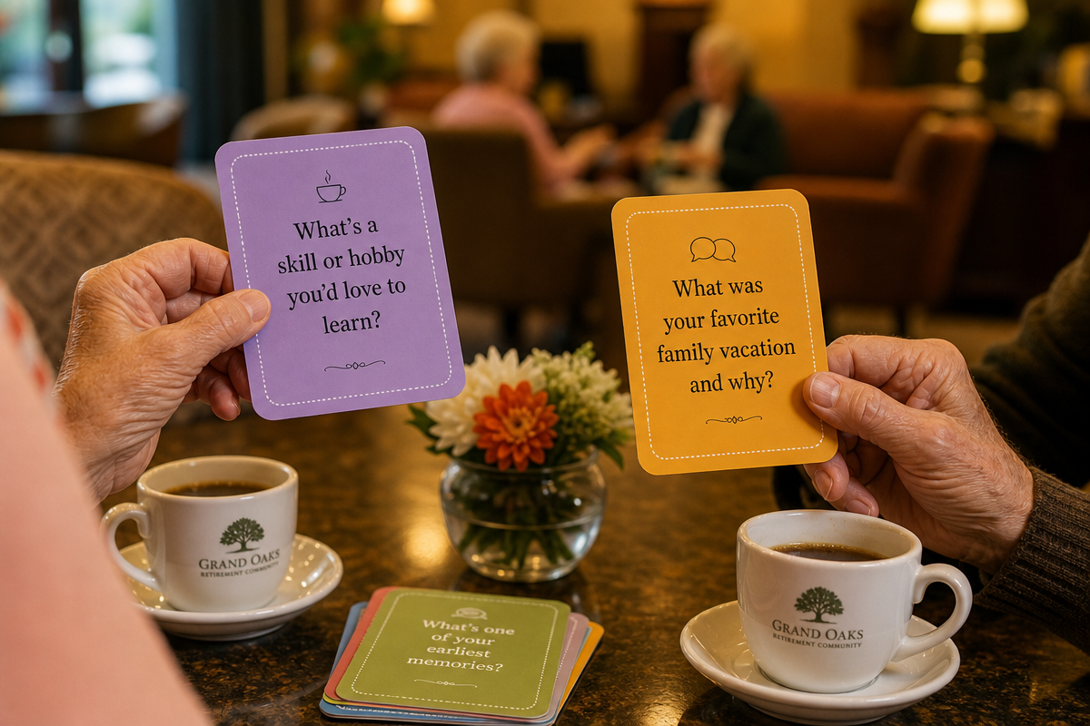Close-up of two senior adults' hands holding colorful conversation prompt cards over a café table with coffee cups in a warm, softly lit retirement community lounge.